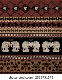 traditional Ukrainian cross stitch pattern, detailed with decorative elephant motif, in red and brown tones, vector illustration for print, textile, folk art, fashion, home decor or fabric design.