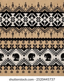 traditional Ukrainian cross stitch pattern, detailed with decorative elephant motif, in brown tones, vector illustration for print, textile, folk art, fashion, home decor or fabric design.