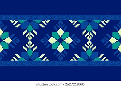 Traditional Ukrainian cross-stitch Detailed vector Illustration for textile printing design, on pixels blue tones