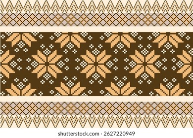Traditional Ukrainian cross-stitch Detailed vector Illustration for textile printing design, on pixels brown tones