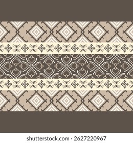 Traditional Ukrainian cross-stitch Detailed vector Illustration for textile printing design, on pixels brown tones
