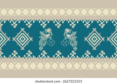 Traditional Ukrainian cross-stitch Detailed vector Illustration for textile printing design, on pixels green tones