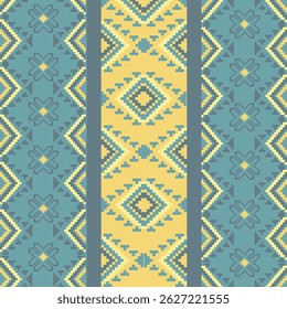 Traditional Ukrainian cross-stitch Detailed vector Illustration for textile printing design, on pixels green tones