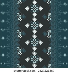 Traditional Ukrainian cross-stitch Detailed vector Illustration for textile printing design, on pixels green tones