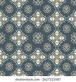 Traditional Ukrainian cross-stitch Detailed vector Illustration for textile printing design, on pixels blue tones