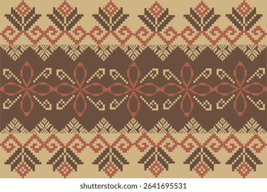 Traditional Ukrainian cross-stitch Detailed vector Illustration for textile printing design, on pixels brown tones