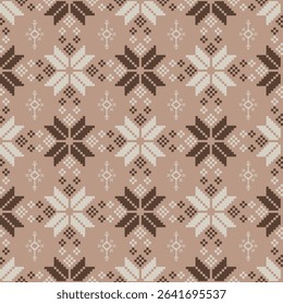 Traditional Ukrainian cross-stitch Detailed vector Illustration for textile printing design, on pixels brown tones