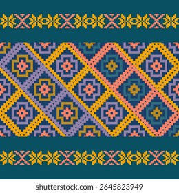 Traditional Ukrainian cross-stitch Detailed vector Illustration for textile printing design, on pixels. 