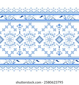 A traditional Ukrainian cross-stitch pattern featuring pixelated floral and geometric repeats in blue, white. Often used in traditional clothing and decorative textiles.