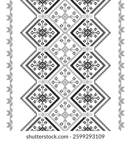 Traditional Ukrainian cross-stitch pattern with geometric shapes in gray on white background. Fabric print design. Sweater sewing idea. Seamless pattern with lace. Floral pixelated vector illustration