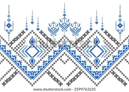 Traditional Ukrainian cross-stitch pattern with geometric patterns, floral motifs, pixelated vector. fabric print design. Sweater sewing. Christmas card with Christmas tree.Blue and white lace pattern