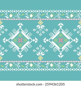 Traditional Ukrainian cross-stitch pattern. Pixelated floral pattern. White, pink, yellow on a blue-green background. Perfect for printing on fabric, seamless pattern, Christmas wallpaper, sweater.