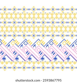 Traditional Ukrainian cross-stitch pattern. Seamless geometric design in pixel style. Vector illustration of yellow, blue, pink on white background. printing fabric, embroidery, DIY crafts, sweaters.