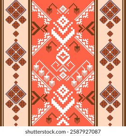 Traditional Ukrainian cross-stitch vector illustration.white, brown on a bright red background.Light brown floral pattern.Embroidery,textile printing.seamless geometric pattern with geometric elements