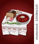 Traditional Ukrainian cuisine. Borscht with sour cream and lard with rye bread and garlic