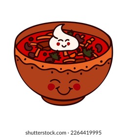 Traditional Ukrainian cuisine. Red borscht. Cute soup plate character. 