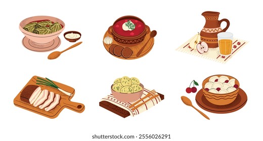 Traditional Ukrainian cuisine set with borscht, golubtsi, varenyky, salo, uzvar and potatol. Authentic food illustration. Ukrainian culture. Flat vector food set on white isolated background. 