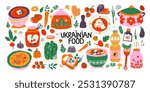 Traditional Ukrainian cuisine. Set of Ukrainian national dishes: borsch, varenyky, pickles, compote, banosh. Farm natural vegetables and fruits from the garden. Bright food stickers