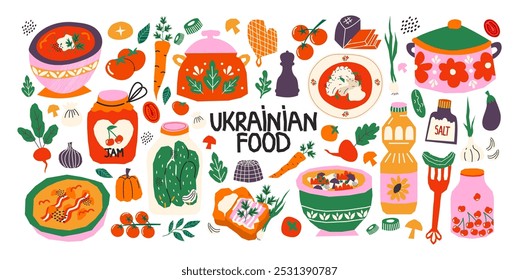 Traditional Ukrainian cuisine. Set of Ukrainian national dishes: borsch, varenyky, pickles, compote, banosh. Farm natural vegetables and fruits from the garden. Bright food stickers