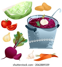 Traditional Ukrainian dish. Borscht soup with beets, cabbage, potatoes, onions, tomatoes, garlic and carrots. Vector illustration. 