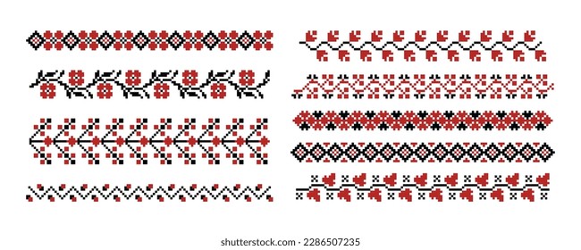 Traditional Ukrainian embroidery. Ukrainian folk border, ethnic slavic retro needlecraft elements, decorative repeat pattern. Vector ornamental set. Patriotic motif, elegant needlework