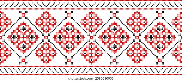 Traditional Ukrainian embroidery pattern with cross-stitch elements. Folk ornamental design inspired by authentic Ukrainian vyshyvanka motifs, perfect for textiles, backgrounds