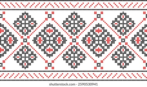 Traditional Ukrainian embroidery pattern with cross-stitch elements. Folk ornamental design inspired by authentic Ukrainian vyshyvanka motifs, perfect for textiles, backgrounds