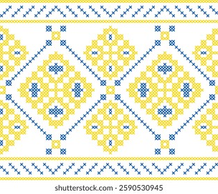 Traditional Ukrainian embroidery pattern with cross-stitch elements. Folk ornamental design inspired by authentic Ukrainian vyshyvanka motifs, perfect for textiles, backgrounds