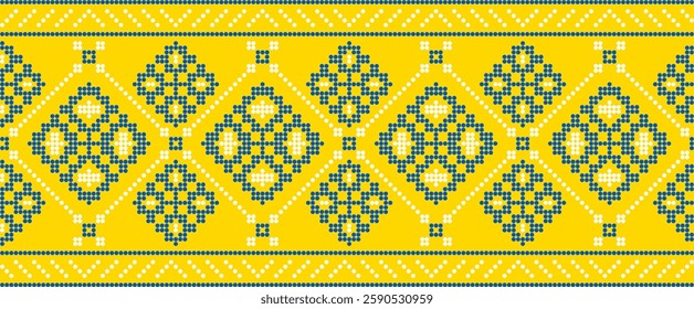 Traditional Ukrainian embroidery pattern with cross-stitch elements. Folk ornamental design inspired by authentic Ukrainian vyshyvanka motifs, perfect for textiles, backgrounds