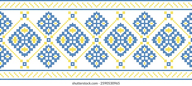 Traditional Ukrainian embroidery pattern with cross-stitch elements. Folk ornamental design inspired by authentic Ukrainian vyshyvanka motifs, perfect for textiles, backgrounds