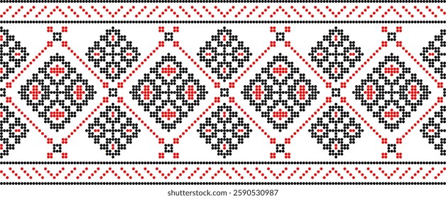 Traditional Ukrainian embroidery pattern with cross-stitch elements. Folk ornamental design inspired by authentic Ukrainian vyshyvanka motifs, perfect for textiles, backgrounds