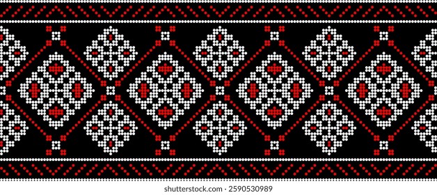 Traditional Ukrainian embroidery pattern with cross-stitch elements. Folk ornamental design inspired by authentic Ukrainian vyshyvanka motifs, perfect for textiles, backgrounds