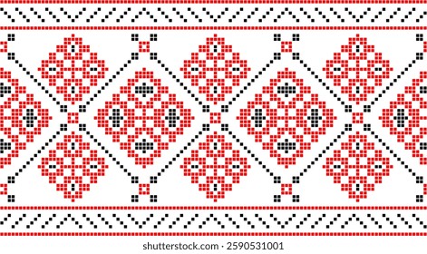 Traditional Ukrainian embroidery pattern with cross-stitch elements. Folk ornamental design inspired by authentic Ukrainian vyshyvanka motifs, perfect for textiles, backgrounds