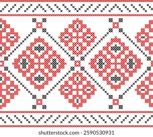 Traditional Ukrainian embroidery pattern with red and black cross-stitch elements. Folk ornamental design inspired by authentic Ukrainian vyshyvanka motifs, perfect for textiles, backgrounds