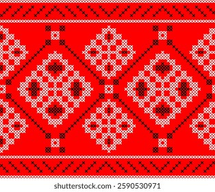 Traditional Ukrainian embroidery pattern with red and black cross-stitch elements. Folk ornamental design inspired by authentic Ukrainian vyshyvanka motifs, perfect for textiles, backgrounds