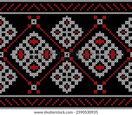 Traditional Ukrainian embroidery pattern with red and black cross-stitch elements. Folk ornamental design inspired by authentic Ukrainian vyshyvanka motifs, perfect for textiles, backgrounds
