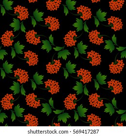 Traditional Ukrainian. Floral pattern. Viburnum seamless pattern on black background.Ethnic folk pattern