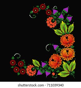 Traditional Ukrainian folk ornament, Petrikovskaya painting with flowers (bulb, raspberries, cranberry) on a black background