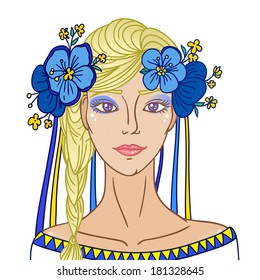 Traditional ukrainian girl in flower wreath with ribbons.