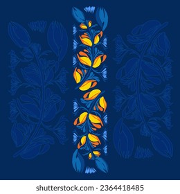 Traditional Ukrainian painting of Petrykiv. Elements of blue and yellow floral ornament. Decorative composition for the background. Repeating pattern.