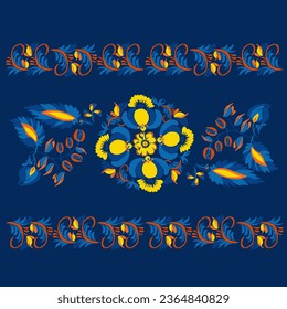 Traditional Ukrainian painting of Petrykiv. Elements of blue and yellow floral ornament. Decorative composition for the background. Repeating pattern.