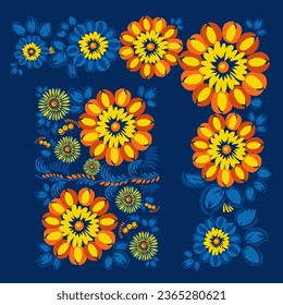 Traditional Ukrainian painting of Petrykiv. Elements of blue and yellow floral ornament. Decorative composition for the background. Repeating pattern.