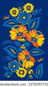 Traditional Ukrainian painting of Petrykivka. Elements of blue and yellow floral ornament. Decorative composition.