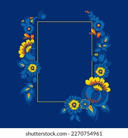 Traditional Ukrainian painting of Petrykivka. Elements of blue and yellow floral ornament. Decorative composition.