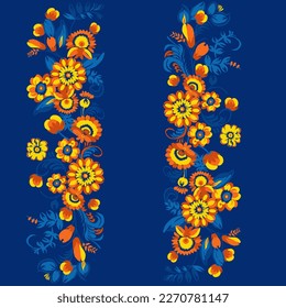 Traditional Ukrainian painting of Petrykivka. Elements of blue and yellow floral ornament. Decorative composition.