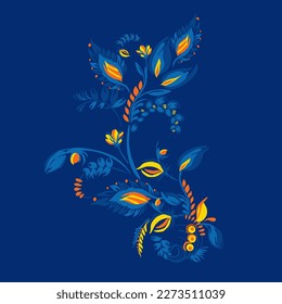 Traditional Ukrainian painting of Petrykivka. Elements of blue and yellow floral ornament. Decorative composition.