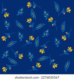 Traditional Ukrainian painting of Petrykivka. Elements of blue and yellow floral ornament. Decorative composition for the background. Repeating pattern.