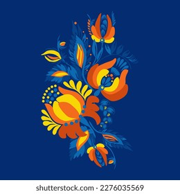 Traditional Ukrainian painting of Petrykivka. Elements of blue and yellow floral ornament. Decorative composition for the background. Repeating pattern.