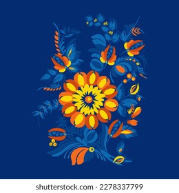 Traditional Ukrainian painting of Petrykivka. Elements of blue and yellow floral ornament. Decorative composition.