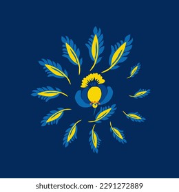 Traditional Ukrainian painting of Petrykivka. Elements of blue and yellow floral ornament. Decorative composition for the background. Repeating pattern.
